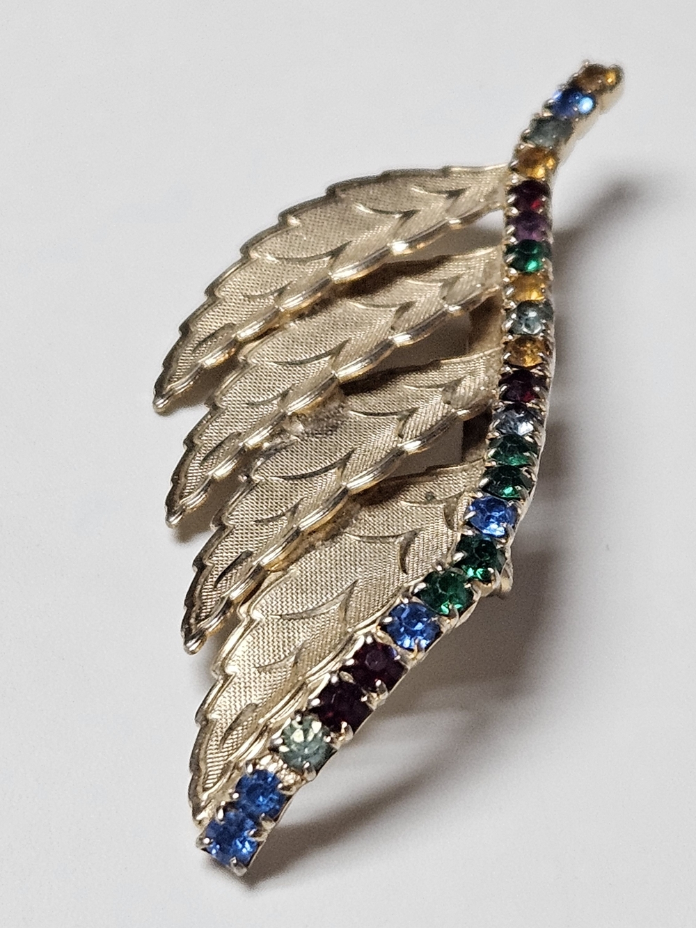 Gold-Tone Leaf Brooch with Multicolor Crystals